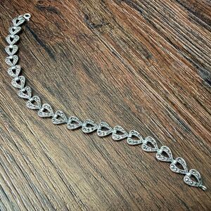 Vintage Sterling Silver Marcasite Heart Link Tennis Bracelet 7.25" Signed SU 925